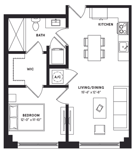 floorplan of a one bedroom luxury apartment at 29 Wyn apartments in Miami, FL